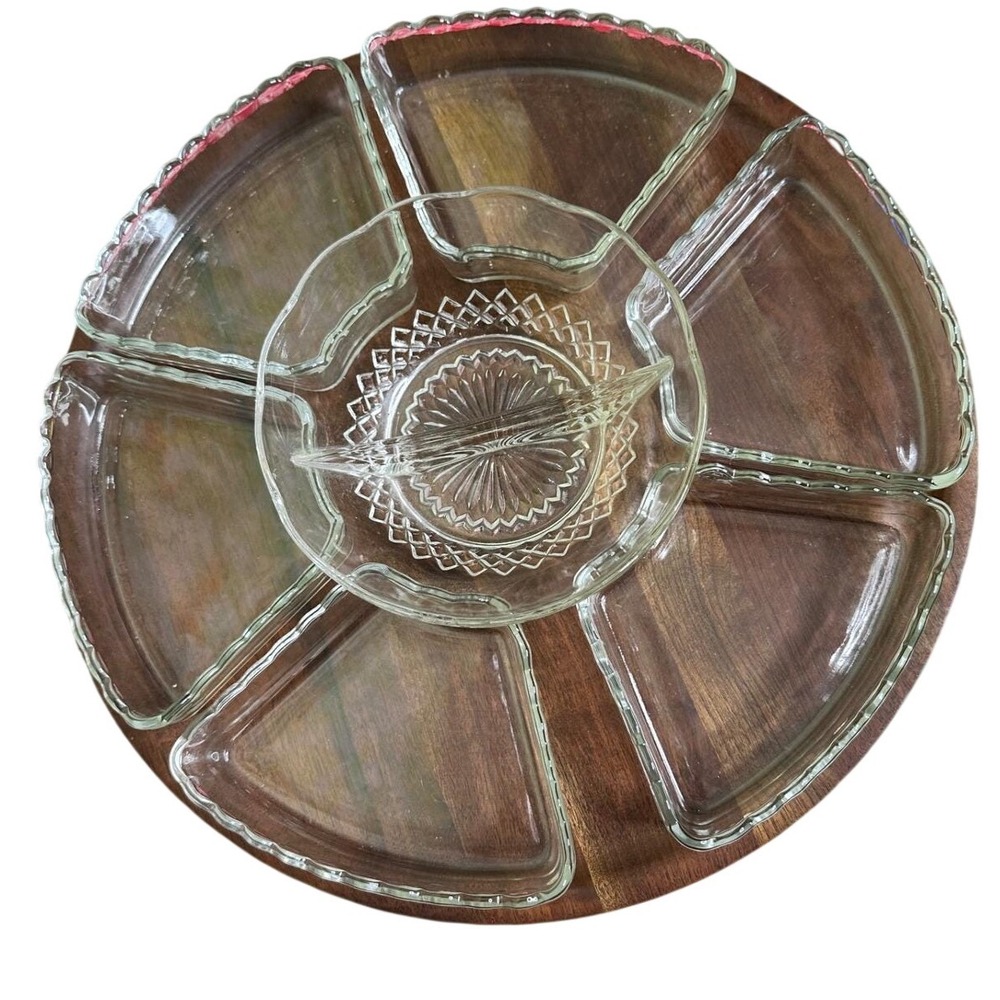 Vintage MCM Ozark Walnutware Solid Walnut Lazy Susan Glass Relish Serving Set